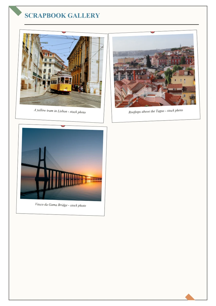 Photo-gallery page from Journily’s Premium demo album, with a Lisbon tram, rooftops and the Vasco da Gama Bridge.