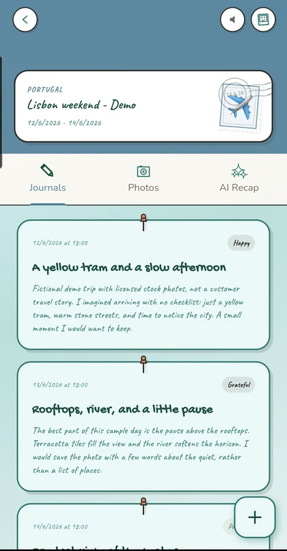 Journily on Samsung Android: Lisbon demo trip with dated journal entries and the fictional-content notice.