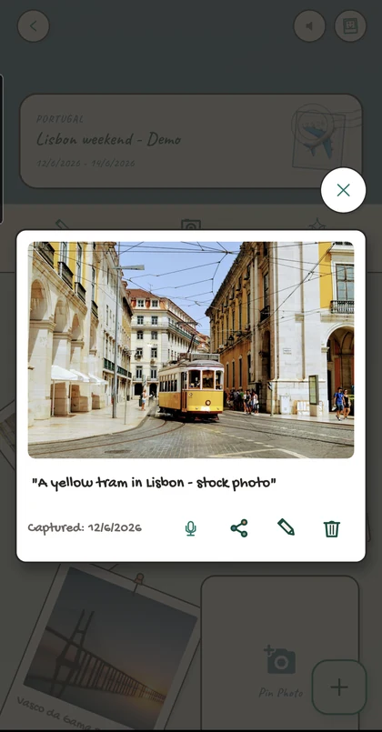 Journily on Samsung Android: Expanded yellow-tram photo memory with its stock-photo caption.