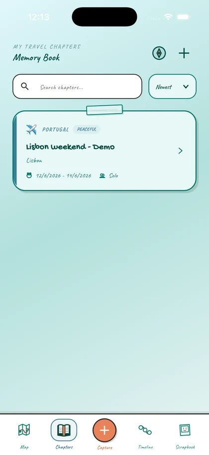 Journily on iPhone simulator: Memory Book listing the fictional Lisbon weekend demonstration trip.