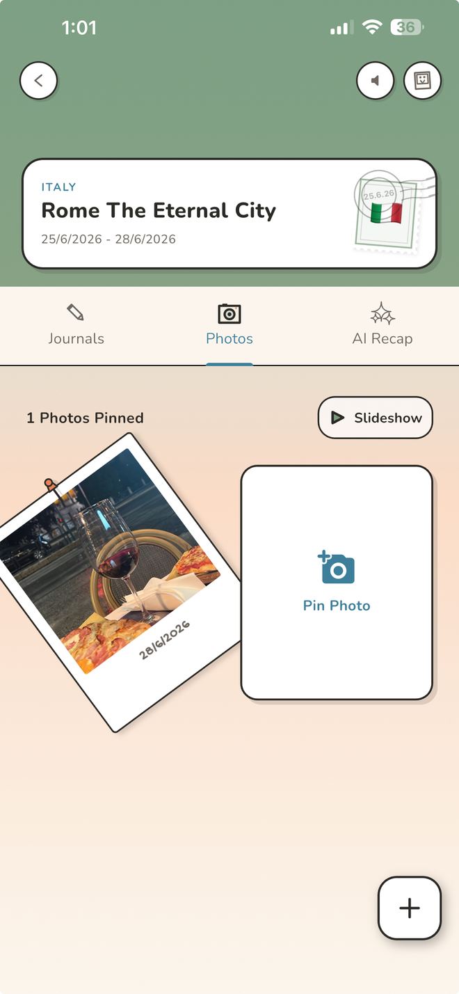 Journily app showing a trip called Rome The Eternal City with a pinned polaroid photo, an Italy passport stamp and Journals, Photos and AI Recap tabs
